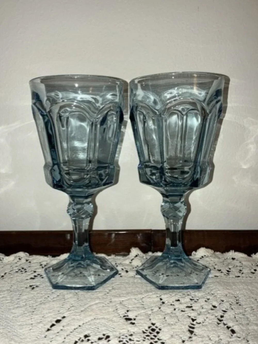 Pair of Vintage Fostoria Light Blue Virginia Pattern Water Goblets - Perfect